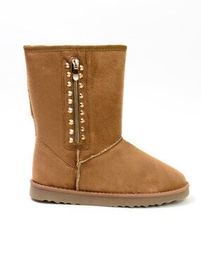 Womens Mid Calf Warm Faux Suede Boots Flat Faux Fur Inner Lining Tan